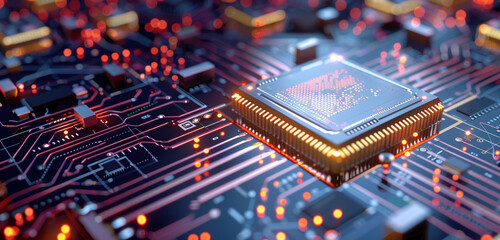 Nahaufnahme eines leuchtenden Mikrochips auf einer Platine – futuristische KI-Technologie