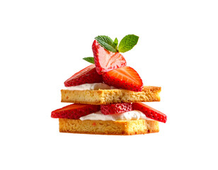 Cinematic image of a layered strawberry shortcake levitating, cream and fruit slices visible, PNG