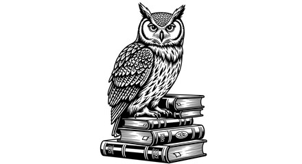 Wise Owl Perched on Stacked Books Line Art Illustration
