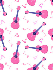 cute love themed guitar and musical symbol repeat background illustration perfect for girlish and creative projects