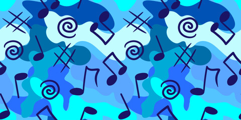 blue music notes and abstract doodle elements seamless pattern vibrant musical background for modern creative designs