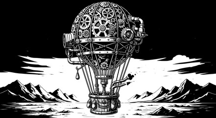 Steampunk Hot Air Balloon with Mechanical Gears Illustration
