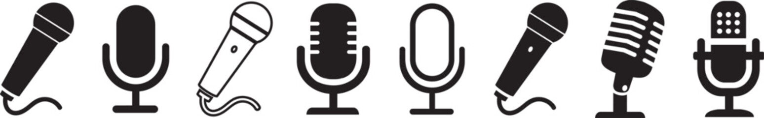 Stylized audio mic illustrations including classic, retro, and studio types—excellent for media-related graphics, musical branding, or vocal performance assets.