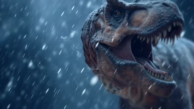 Close up of a prehistoric dinosaur with its jaws open roaring