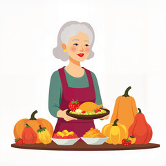 Elderly woman holding a plate of food surrounded by pumpkins and fruits  