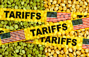 Tariff text and the US flag on a yellow ribbon over corn and peas. Import or export tariff...