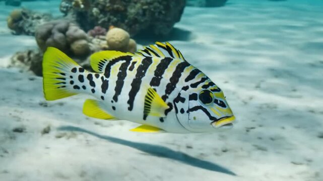 Black striped and yellow finned tropical fish swimming near coral reef. AI video