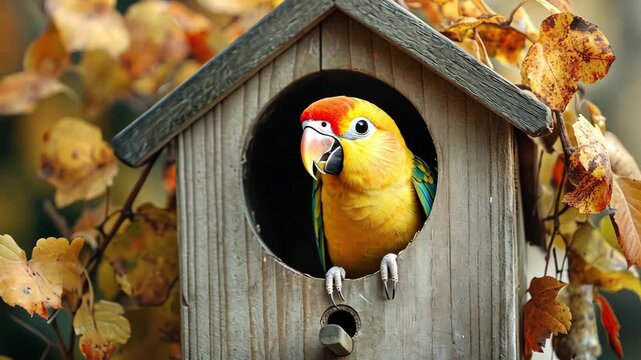 A colorful parrot looking out from a wooden birdhouse surrounded by autumn leaves in a garden setting