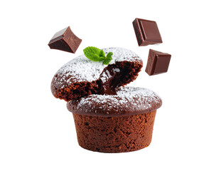 Molten chocolate lava cake suspended in the air, oozing center, powdered sugar dusted on top, PNG
