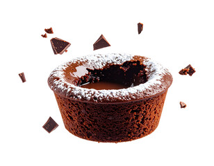Molten chocolate lava cake suspended in the air, oozing center, powdered sugar dusted on top, PNG