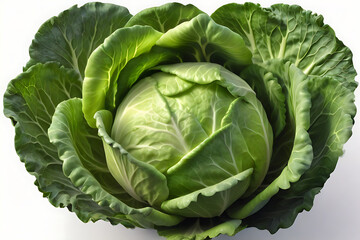 Obraz premium A large green cabbage is in the center of a white background. The cabbage is surrounded by many green leaves, creating a sense of abundance and freshness. The image conveys a feeling of health