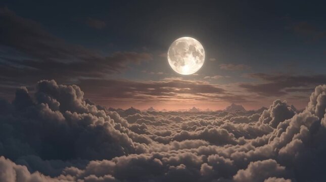 Surreal full moon rising above thick clouds at night, dreamy atmospheric loop with cinematic lighting.