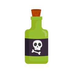 Green poison bottle with skull label. Halloween spooky potion icon. Vector illustration isolated.