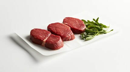 raw beef steaks with fat trim, displayed on a white surface