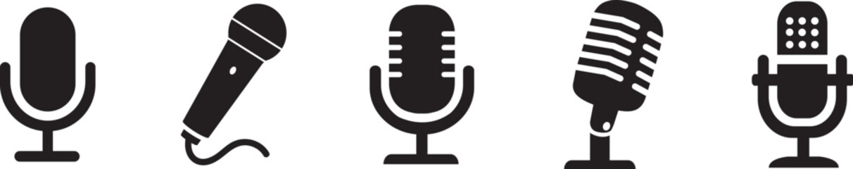 Set of microphone vector icons in black and white featuring podcast, radio, vintage, and modern styles—ideal for audio branding, music covers, or sound apps.