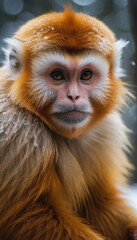Obraz premium A golden snub-nosed monkey sitting in a snowy forest in China, its orange fur glowing against a frosty background