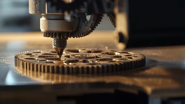 Close up of a 3D printer creating a metal gear with intricate details and precision engineering