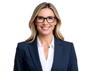Elegant and Confident Female Professional in a Business Suit, Wearing Glasses, Radiat transparent background.