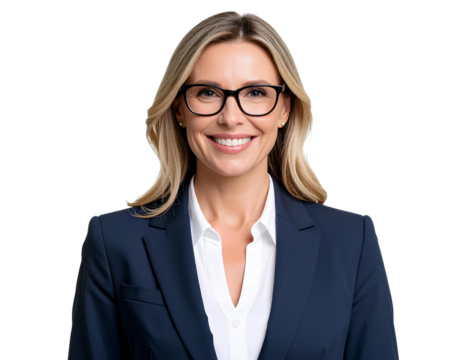 Elegant and Confident Female Professional in a Business Suit, Wearing Glasses, Radiat transparent background.