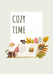 Cozy autumn card with open book, mushrooms, fall leaves in warm cozy style. Hand drawn vector textured illustration for fall card, print, poster, banner. Nostalgic design with soft atmosphere