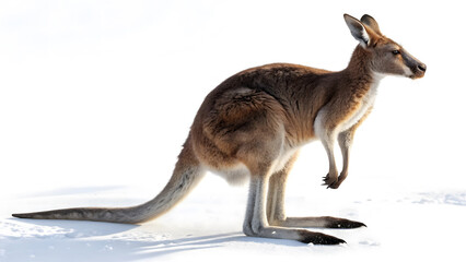 A kangaroo, standing in a desert landscape with long legs and a strong tail against a bright white background