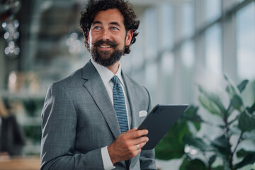 Fototapeta premium Smiling businessman holding tablet and looking away in modern office