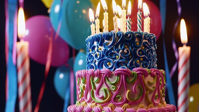 4K celebration video multi tiered cake candles balloons ideal birthday greetings party promos joyful event birthday cake celebration birthday party dessert cake candle many-coloured balloon festive