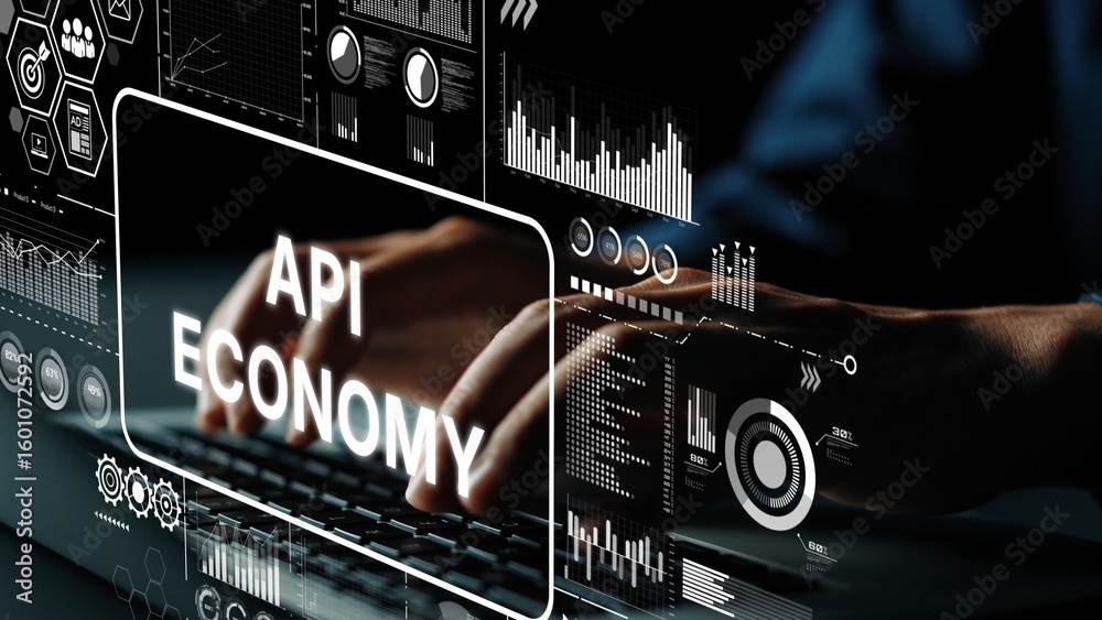Aufkleber digital concept of api economy with hands typing on keyboard surrounded by data visualizations and g