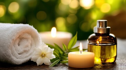 relaxation massage session with candles, essential oils, and soft towels, spa-like setup, natural tones, peaceful feeling