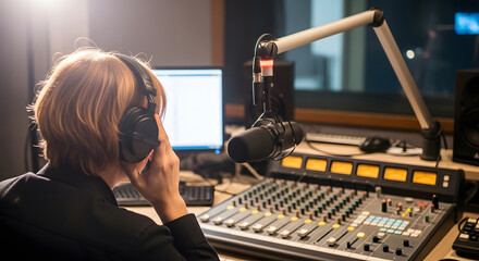 A person with headphones operates a mixing board in a recording studio.