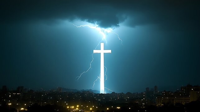 Illuminated cross against a stormy night sky over city buildings.