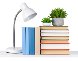 Modern Shelf Setup with Lamp, Books, and Succulent Plant, Isolated on Transparent Background