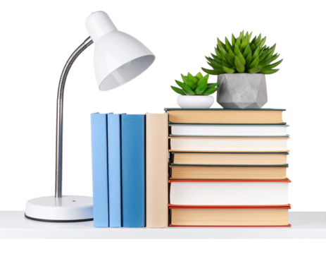 Modern Shelf Setup with Lamp, Books, and Succulent Plant, Isolated on Transparent Background