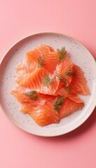 Smoked Salmon Slices with Dill on Pink Background for Packaging