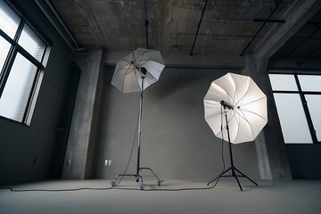 Illuminating Studio Setup with Two Softbox Umbrellas Reflectors on Stands in a Bright Industrial Room