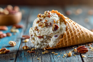 Creamy ice cream cone with chopped nuts on rustic wooden surface