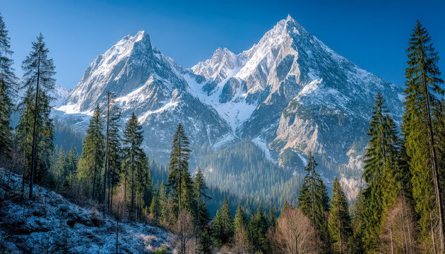 Majestic snow-capped peaks overlooking a lush forest in a scenic mountain landscape - Powered by Adobe