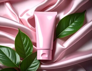 Pink tube of lotion on silk fabric with green leaves for a beauty product advertisement or promotion