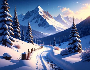 A snowy mountain landscape with a winding path and tall pine trees under a bright blue sky above them