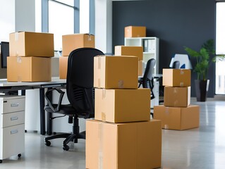 Fototapeta premium Office Relocation Boxes Stacked on Desks and Floor Ready for Moving to New Workspace Business Environment