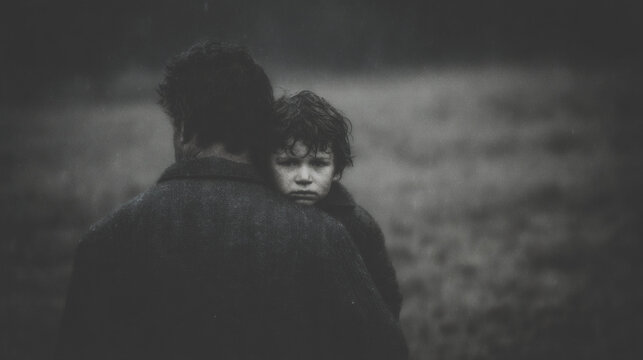 Child clinging to adult in dark, moody atmosphere. Black and white portrait conveying vulnerability and protection. Emotional family moment concept for social issues awareness