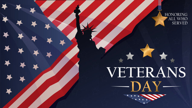 Statue of Liberty silhouette overlaid on waving American flag with stars, gold medal, and bold Veterans Day text on a dark gradient background. Patriotic celebration. Vector illustration