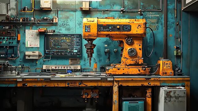 Industrial workshop with vintage machinery.