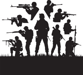 Soldiers in Various Combat Positions Silhouetted Against White Background