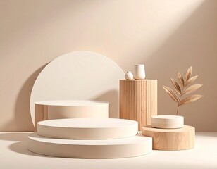 Elegant display featuring round podiums with vases and a leaf against a neutral background setting
