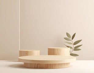 Three wooden podiums with a plant against a beige background in a minimalist style scene backdrop