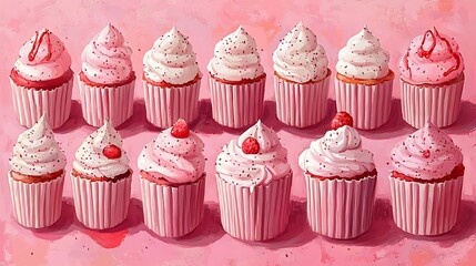 Pink cupcakes arranged on a pink surface.