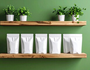 White pouches and potted plants displayed on wooden shelves against a green background indoors studio shot