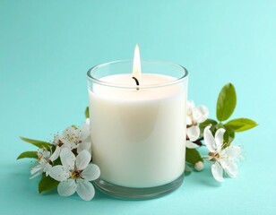 A lit candle in a glass holder surrounded by white blossoms against a light blue background studio shot