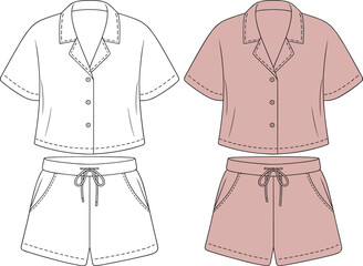 Two piece loungewear set, short sleeve shirt and shorts, front view, cad drawing, sleepwear design, fashion flat vector illustration